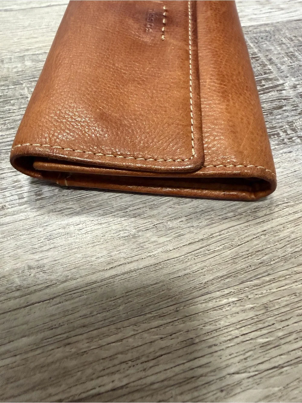 Fossil Brown Leather Trifold Pop Stitch Logo Checkbook Style Wallet